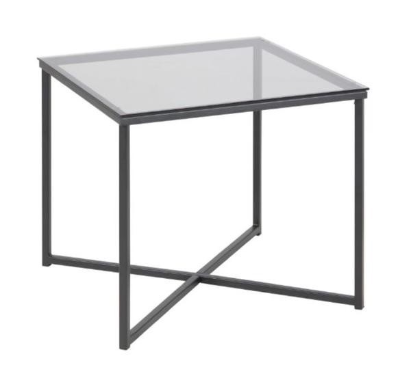 Moderner kleiner Beistelltisch mit einer Glasplatte und schwarze beinen aus Metall