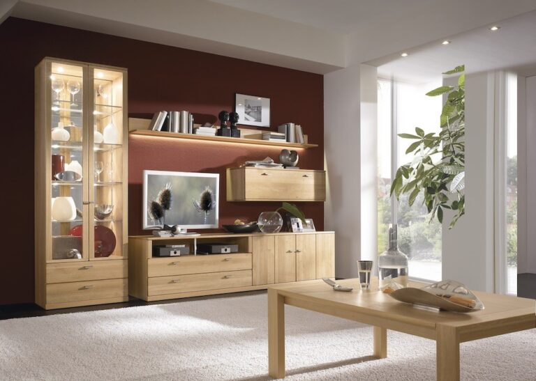 Moderne Wohnzimmermöbel aus Holz, Vitrine mit Glasfenster und Beleuchtung
