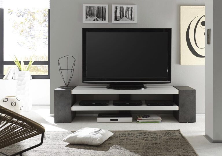 Moderner TV-Ständer in Grau-Weiß-Optik für einen Flachbildfernseher und Unterhaltungsgeräte.