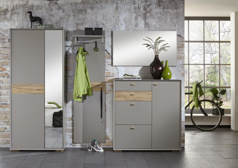 Modernes, graues Flurmöbel-Set mit Spiegelschrank, Garderobe und Aufbewahrungsschrank.