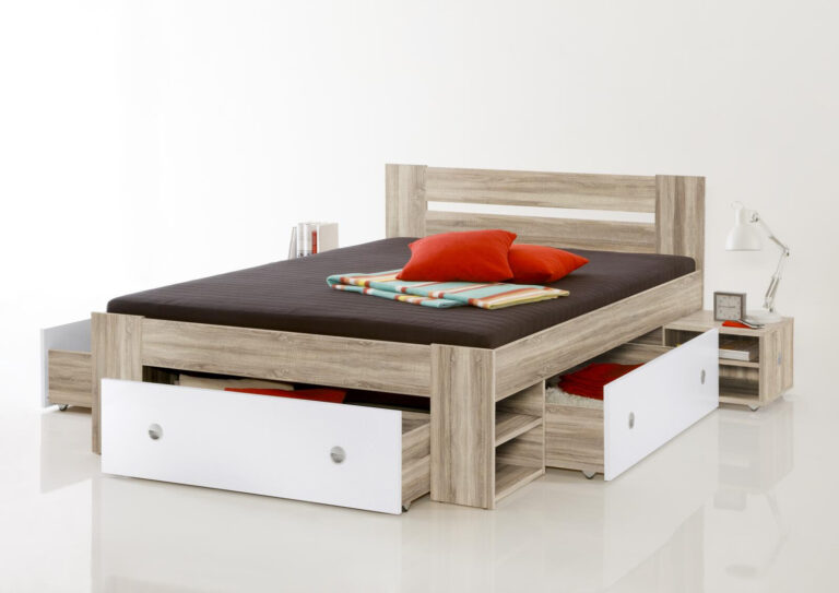Modernes Plattformbett mit integrierten Schubladen und Nachttisch