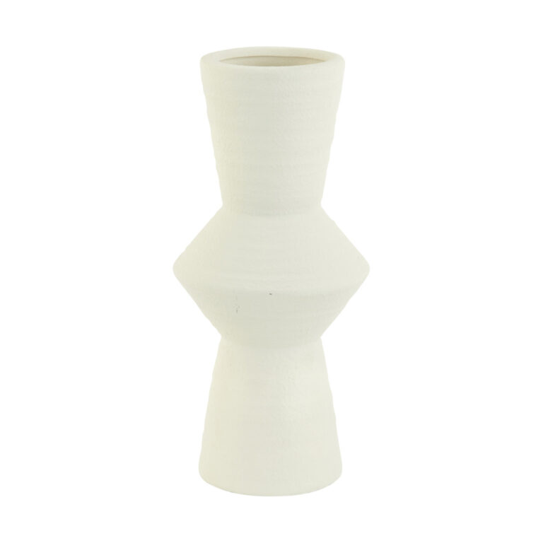 Weiße Keramikvase in moderner Sanduhrform.