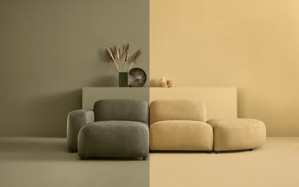 Modernes Ecksofa in Olivgrün und Beige, minimalistisches Dekor