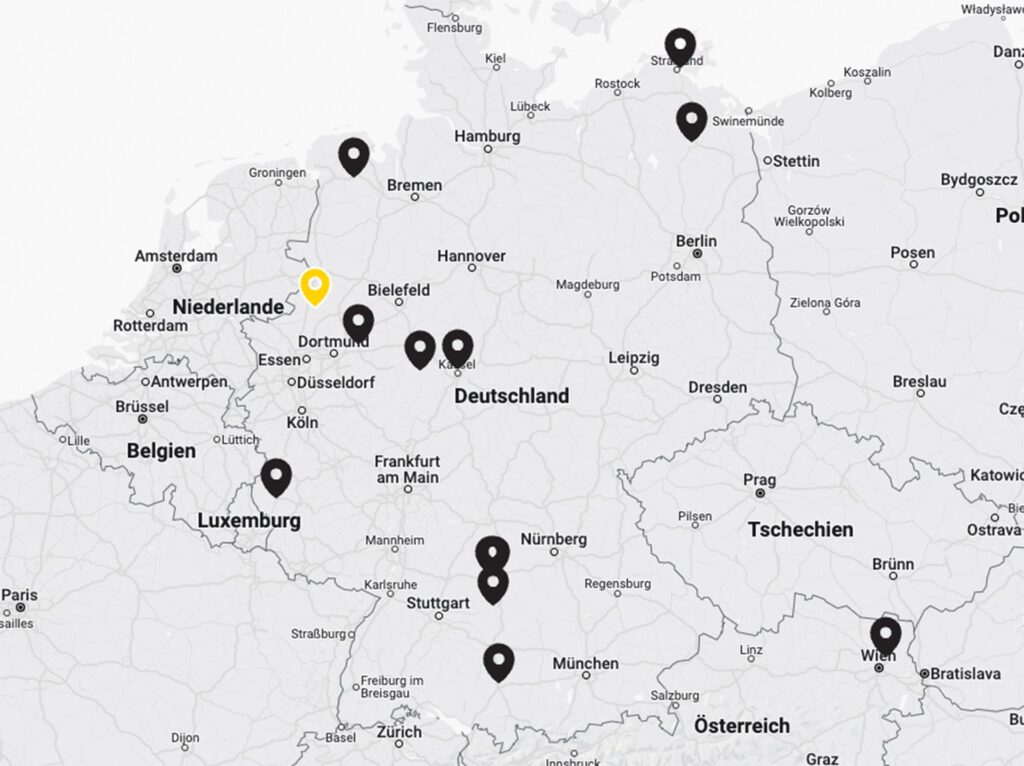 Karte mit den wichtigsten deutschen Städten und den umliegenden Ländern.