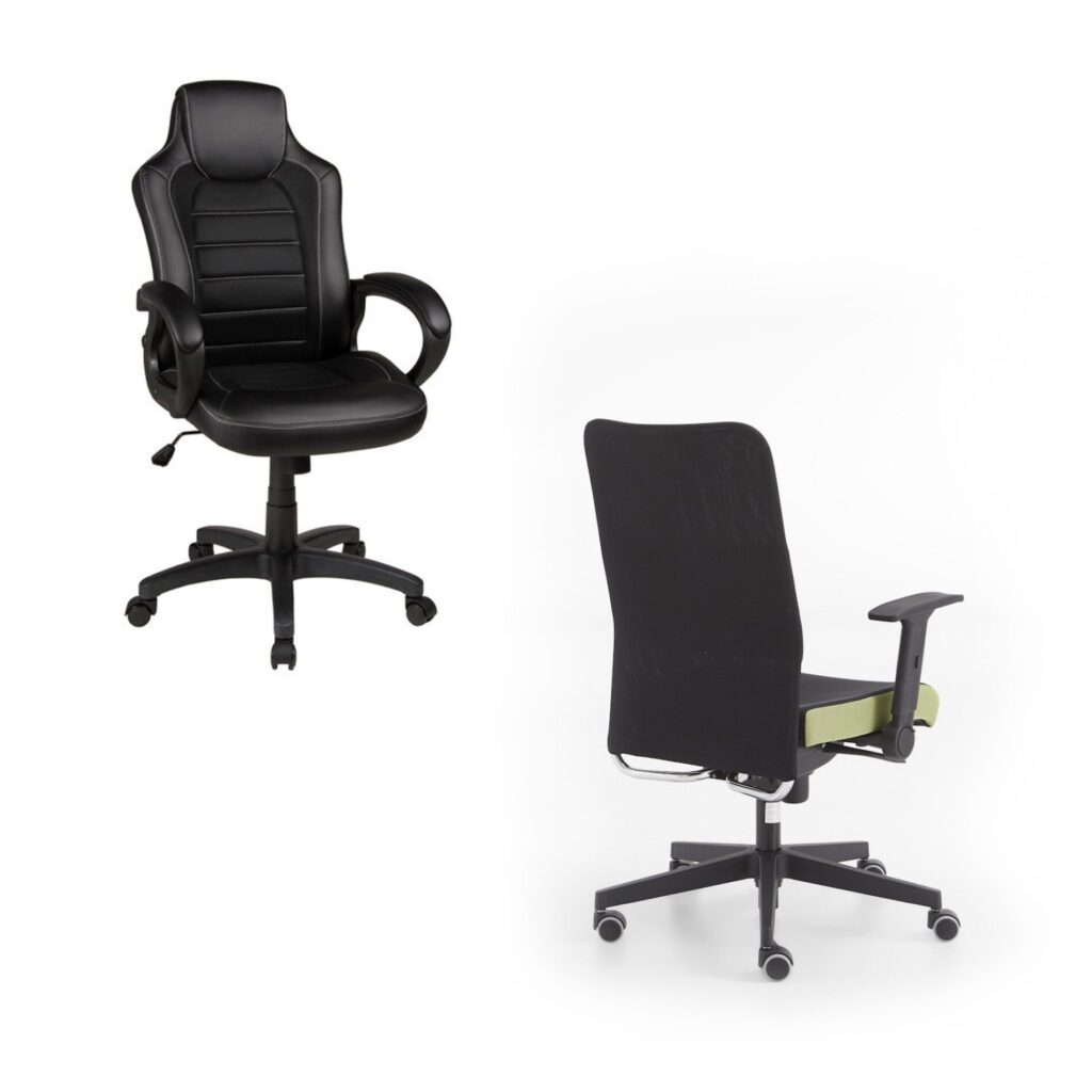 Schwarze und grüne Bürostühle; ergonomisches Design, bequemes Sitzen.