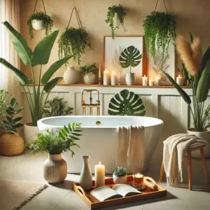 Entspannende Badezimmeroase mit Pflanzen, Kerzen und freistehender Badewanne. Wellness für Zuhause.