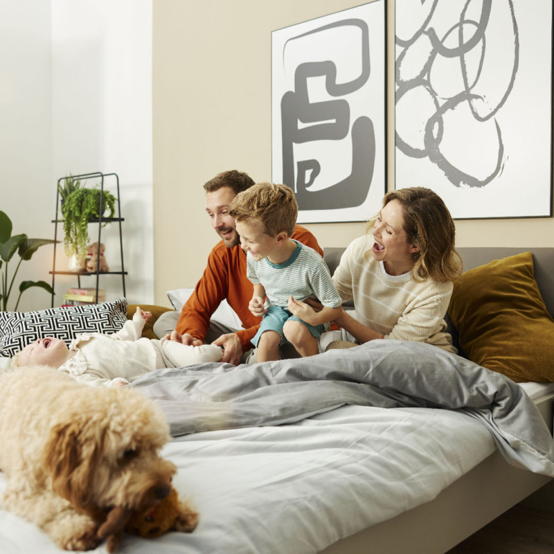 Familie spielt auf einem Bett mit Hund, im Hintergrund moderne Kunst.