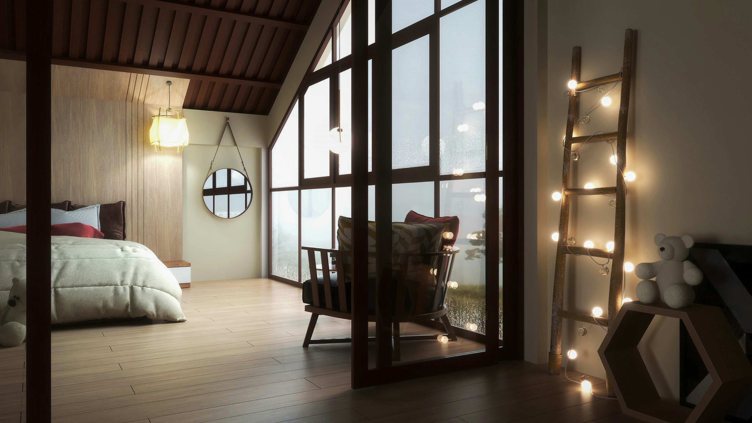 Gemütliches Schlafzimmer im Winter mit Bett, Sessel, Lichterkette und Dachfenster. Home-Reset für besseren Schlaf.
