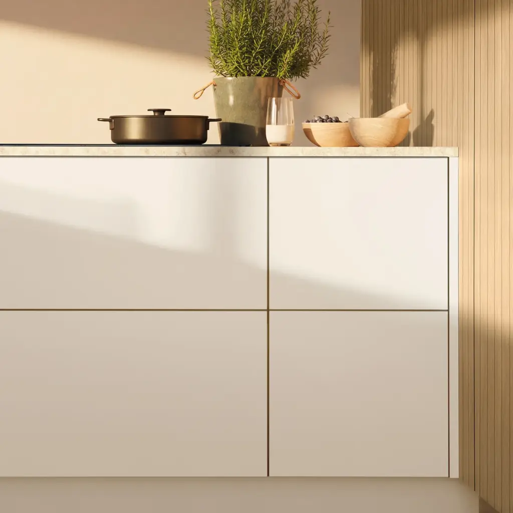 Moderne weiße Küche mit Kräutern und Kochtopf