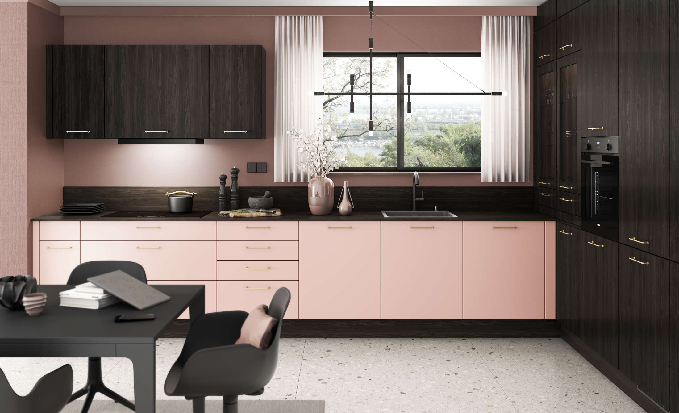 Burger L-Küche Moderner Stil Rosa mit dunklem Holz
