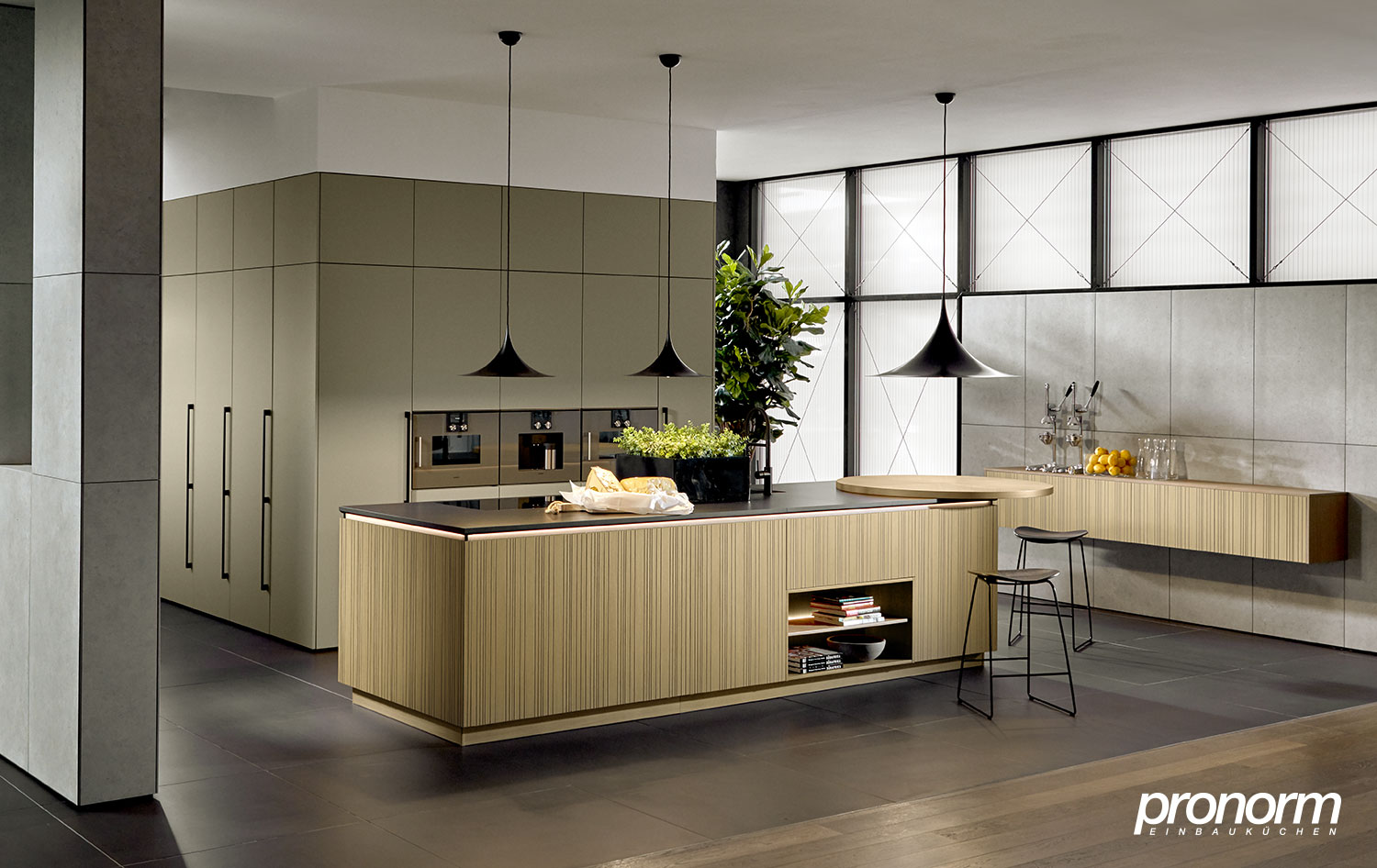 Pronorm Inselküche Designstil Eiche Geriffelt Greige