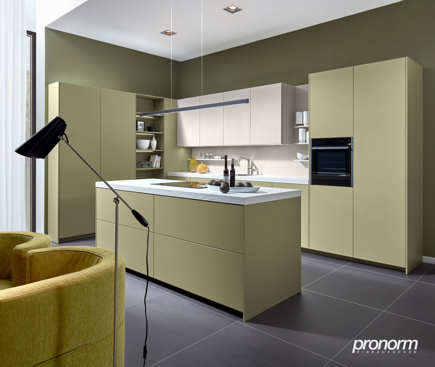 Pronorm Inselküche Designstil Grifflos Jadegrün