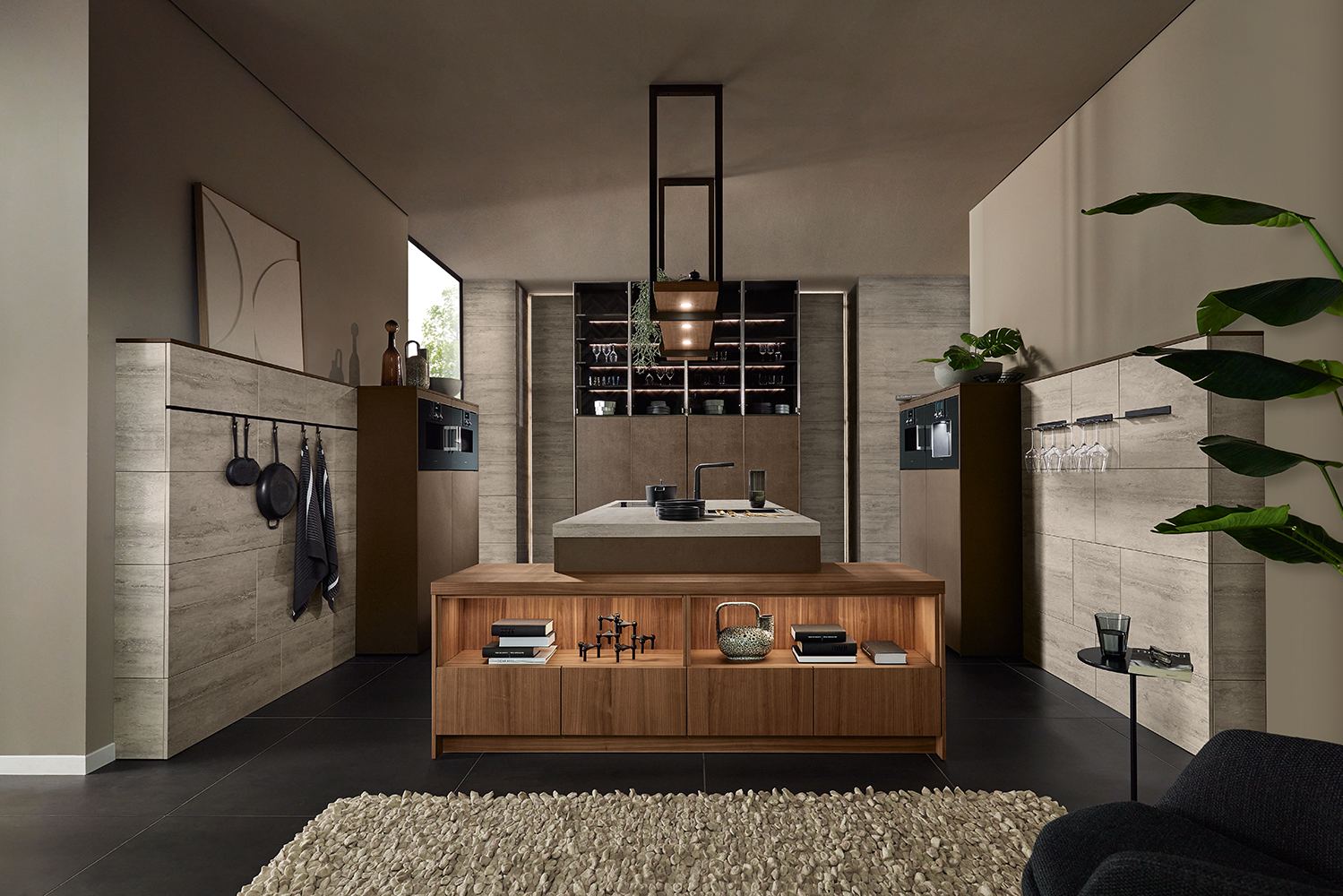 Pronorm Inselküche Designstil Nussbaum Steinoptik